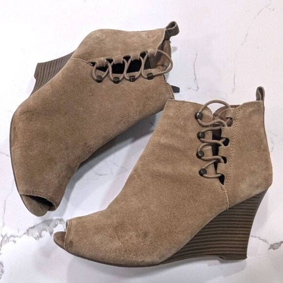 Michael Kors Brook Boots Womens Sz 7.5 Brown Sued leather Wedge Ankle peep toe - Picture 6 of 11